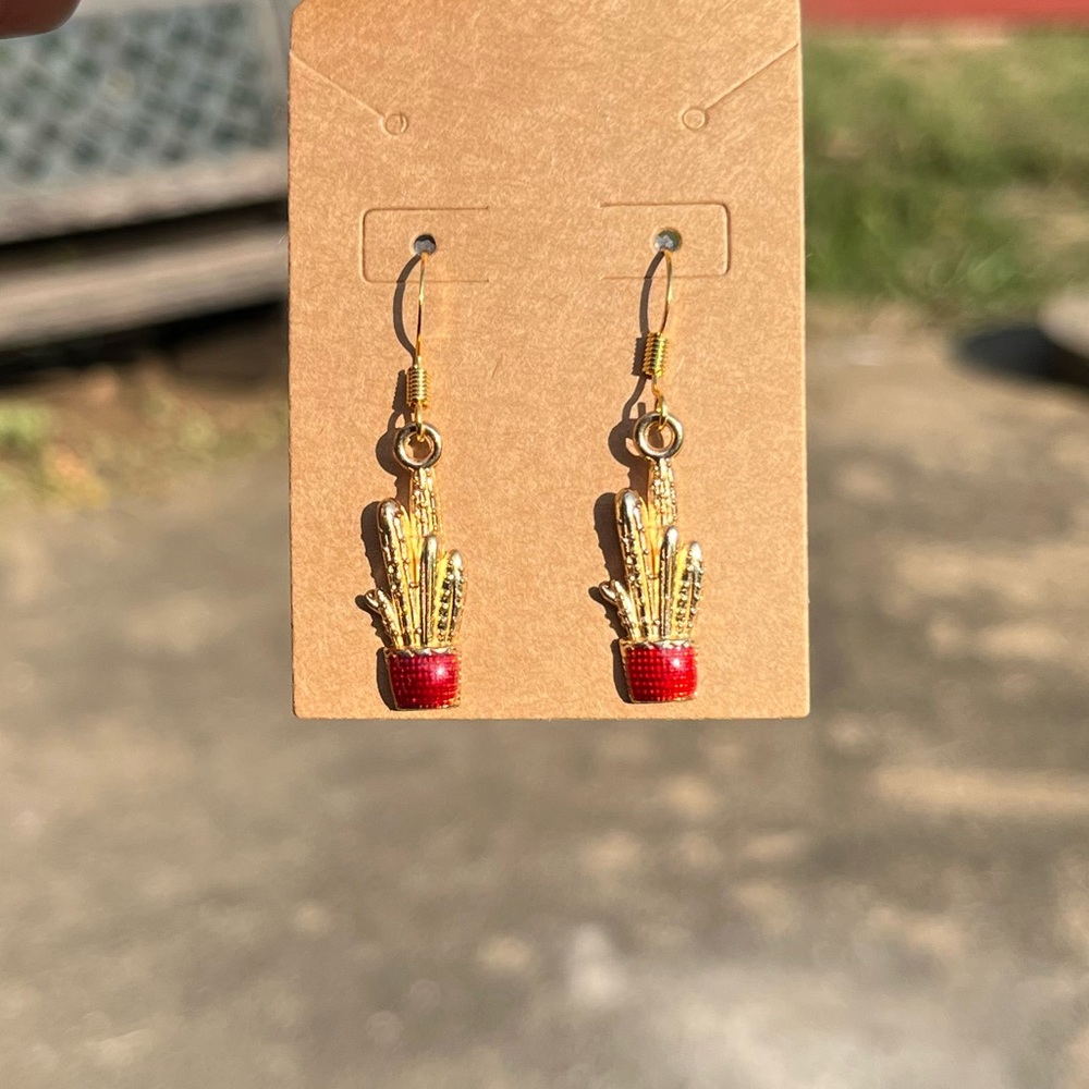 Gold Cactus in Red Pot Earrings